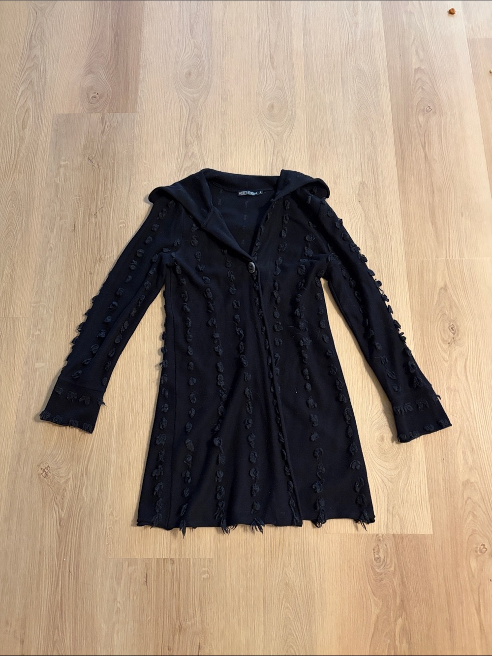 Black Textured Hooded Sweater-Jacket - Women's